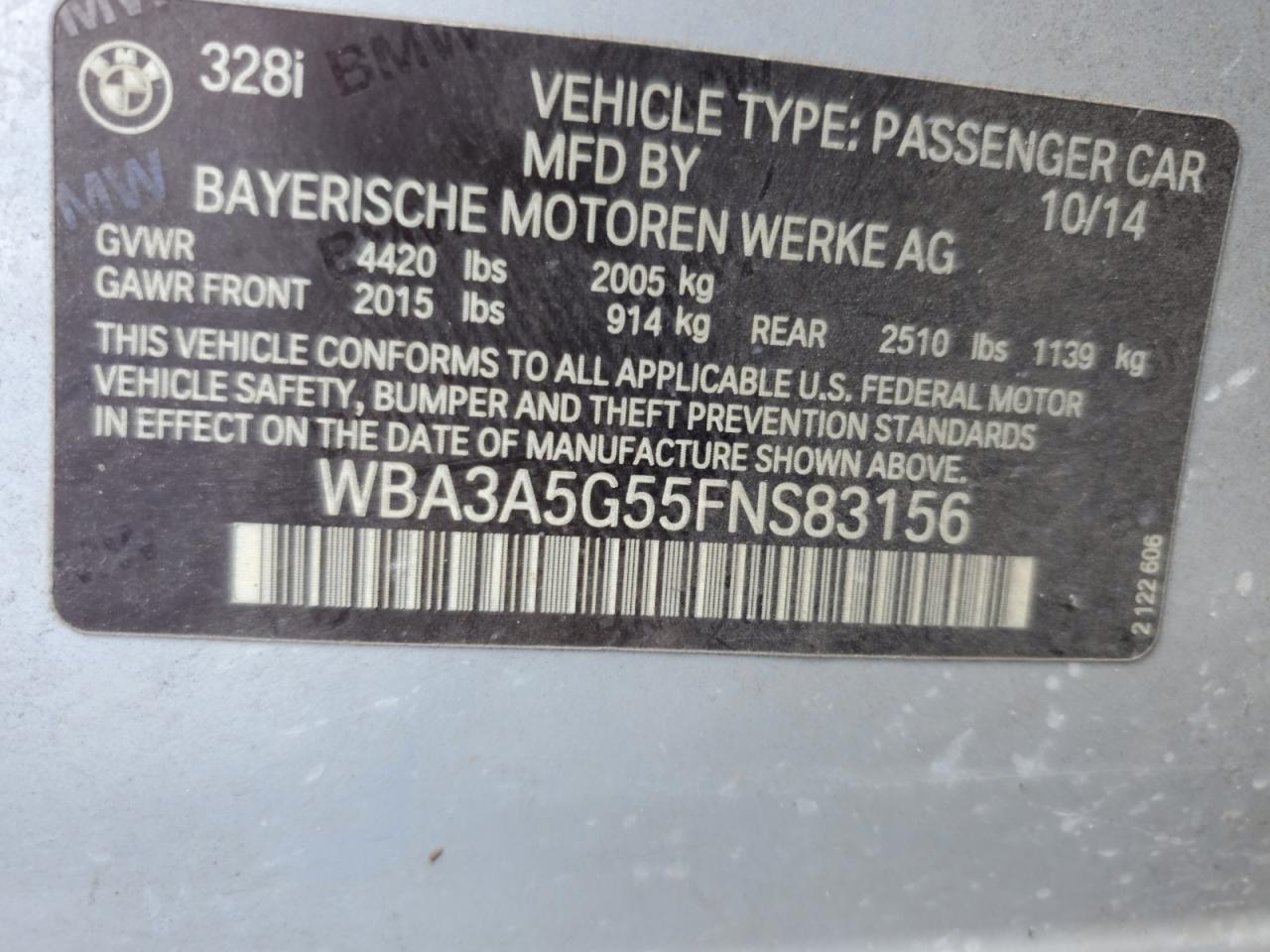 2015 BMW 328 I VIN: WBA3A5G55FNS83156 Lot: 84934125