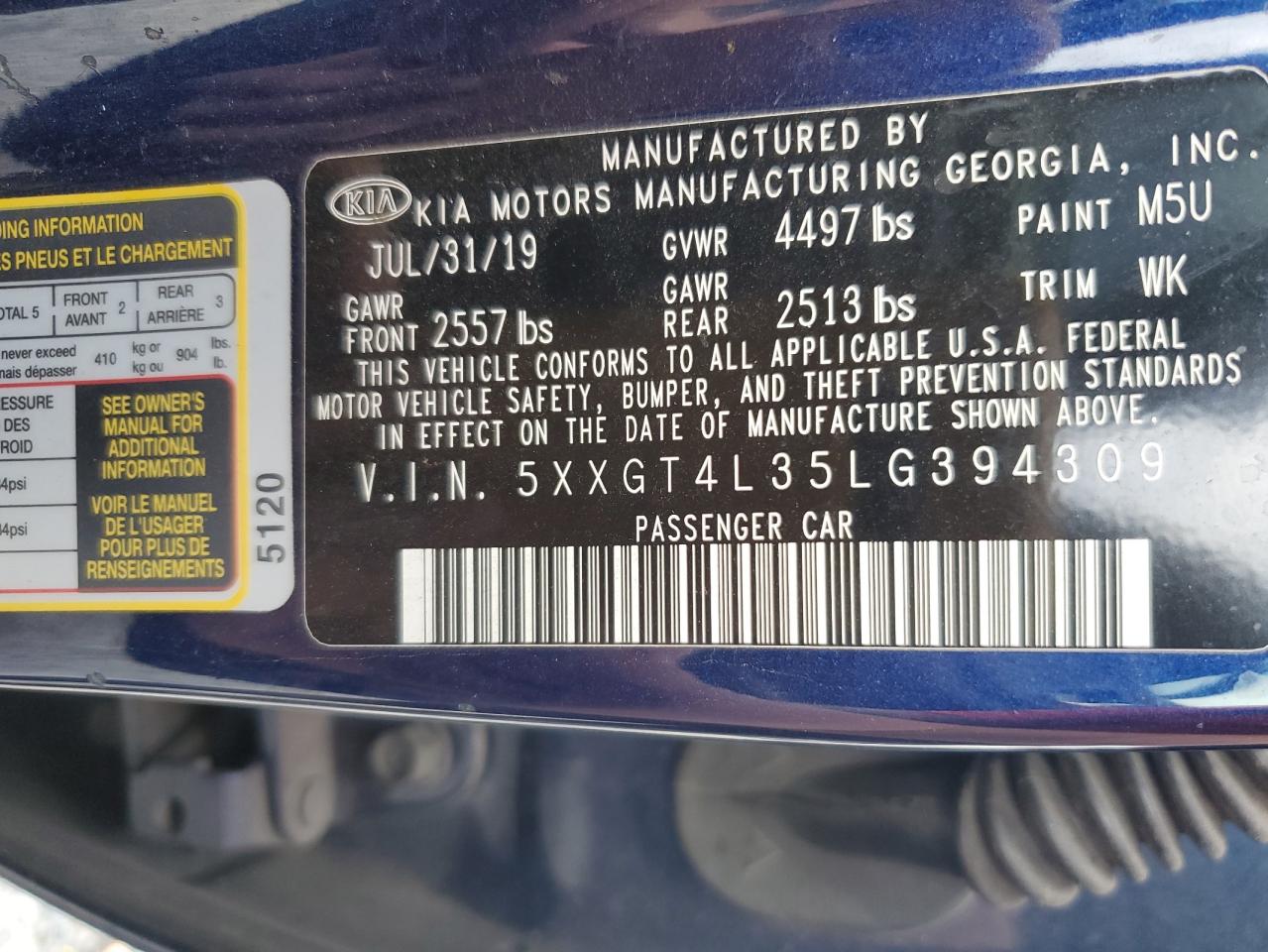 2020 Kia Optima Lx VIN: 5XXGT4L35LG394309 Lot: 84478195