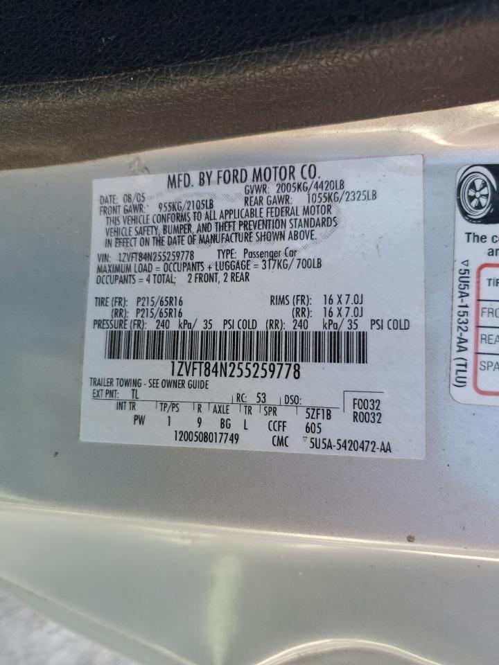 2005 Ford Mustang VIN: 1ZVFT84N255259778 Lot: 86085855