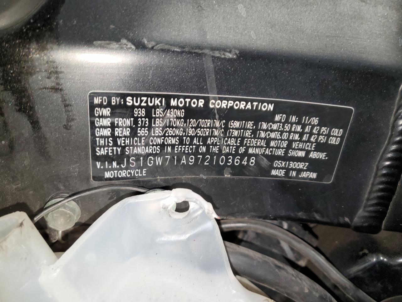 2007 Suzuki Gsx1300 Rz VIN: JS1GW71A972103648 Lot: 91148105