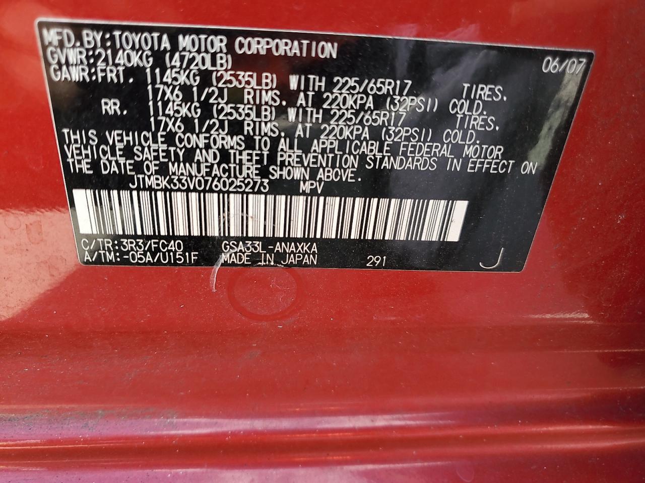 2007 Toyota Rav4 VIN: JTMBK33V076025273 Lot: 85665845