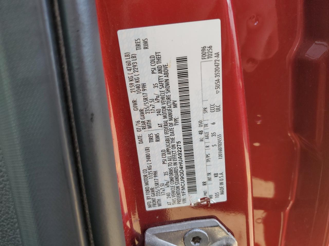 2017 Ford Escape Se VIN: 1FMCU9GD4HUA92275 Lot: 85545485