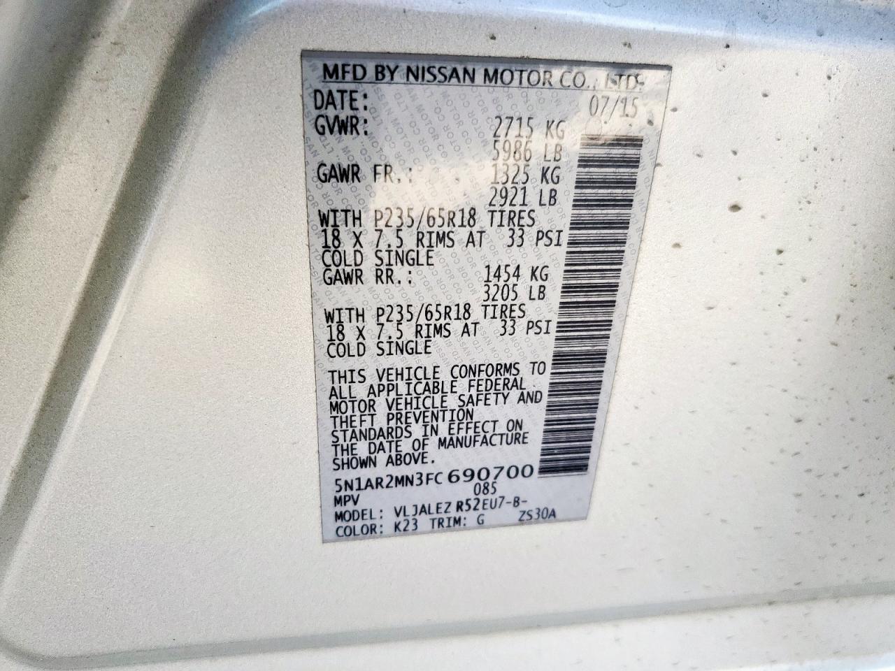 2015 Nissan Pathfinder S VIN: 5N1AR2MN3FC690700 Lot: 82462275