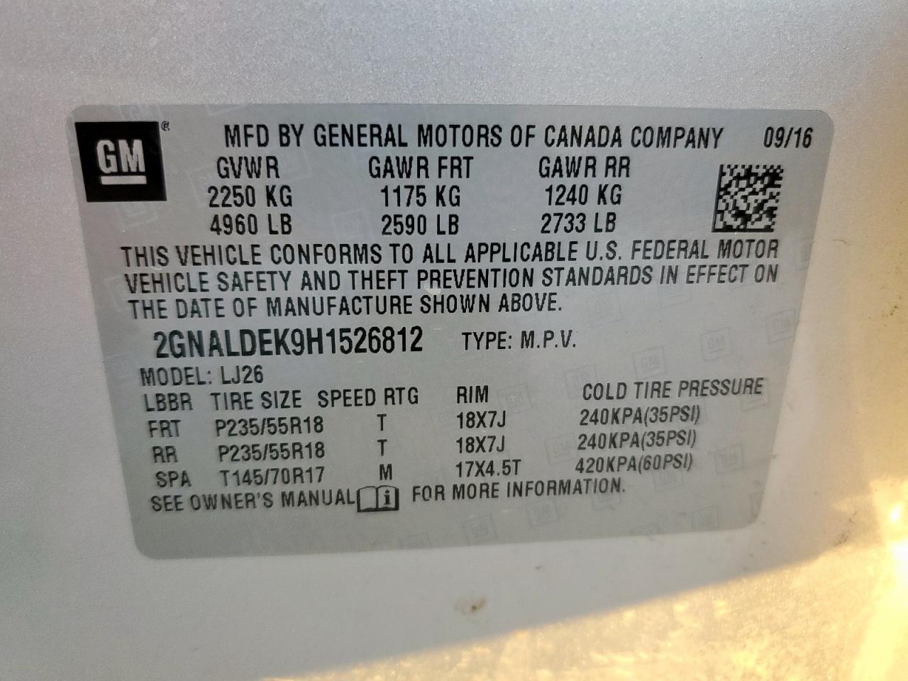 2017 Chevrolet Equinox Premier VIN: 2GNALDEK9H1526812 Lot: 86057935