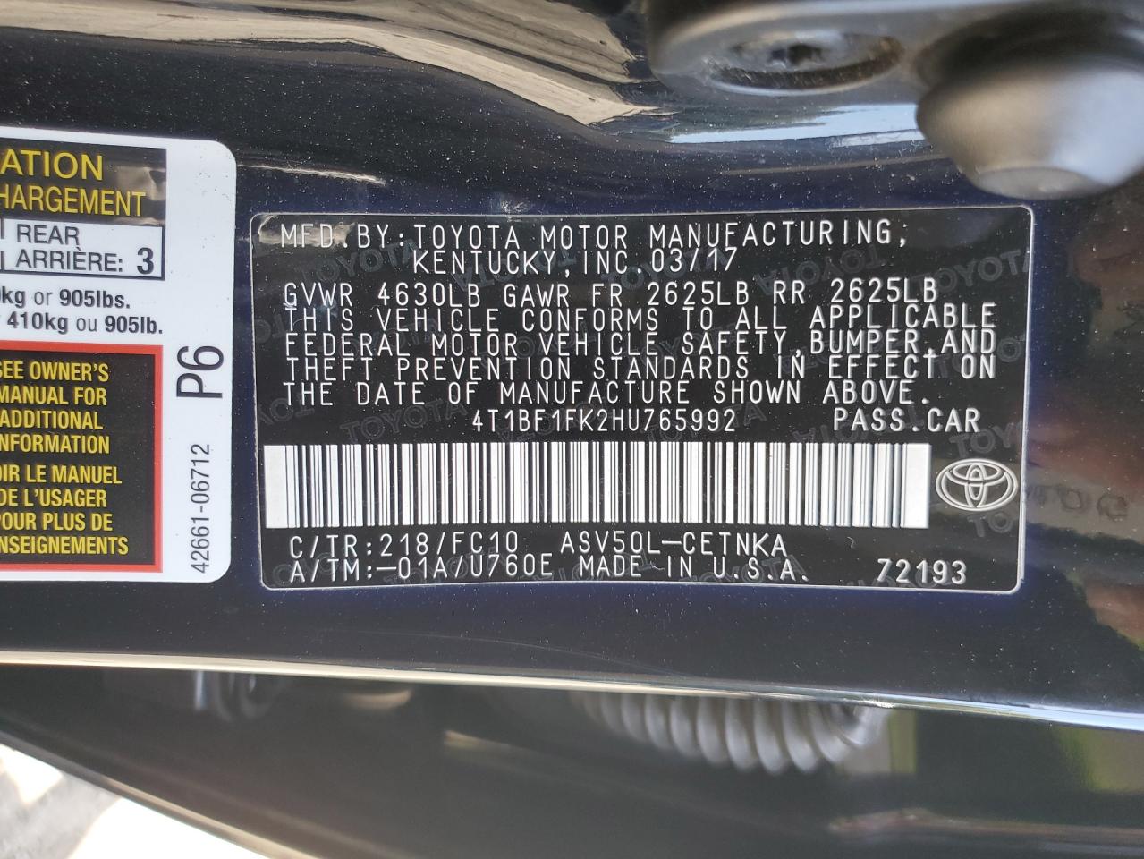 2017 Toyota Camry Le VIN: 4T1BF1FK2HU765992 Lot: 85090925