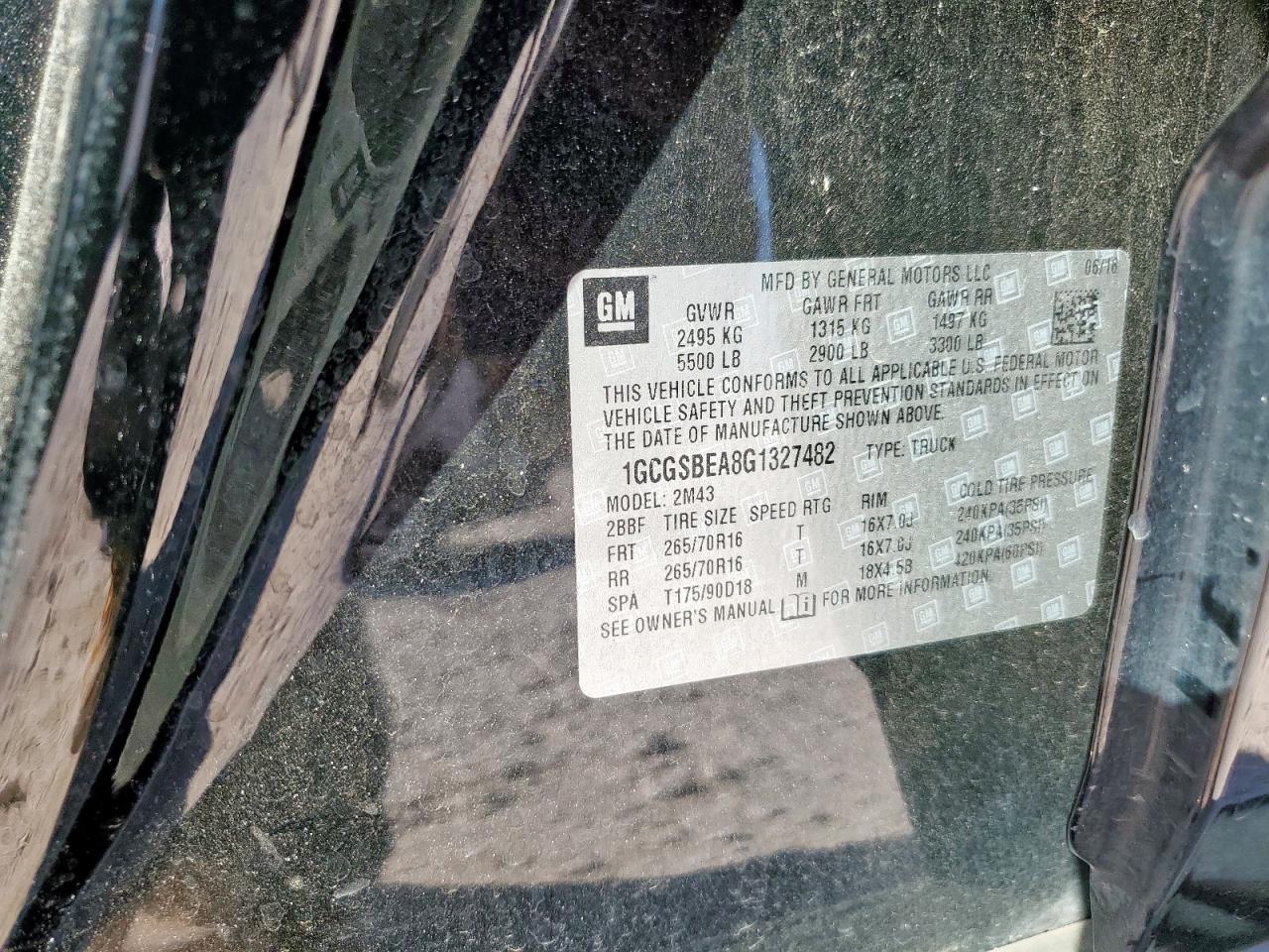 2016 Chevrolet Colorado VIN: 1GCGSBEA8G1327482 Lot: 82424645