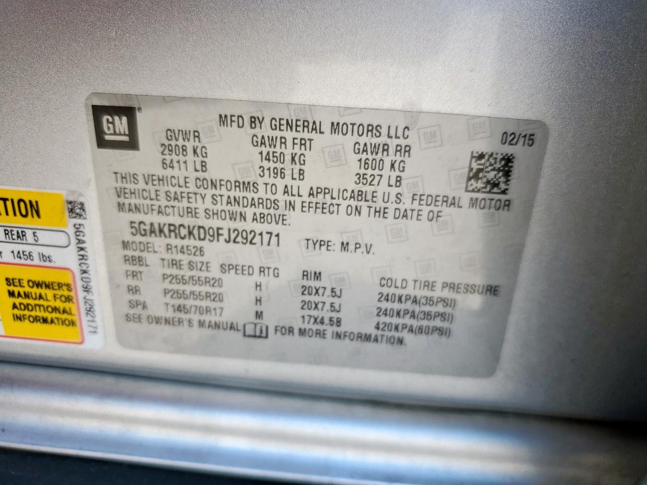 2015 Buick Enclave VIN: 5GAKRCKD9FJ292171 Lot: 86276895