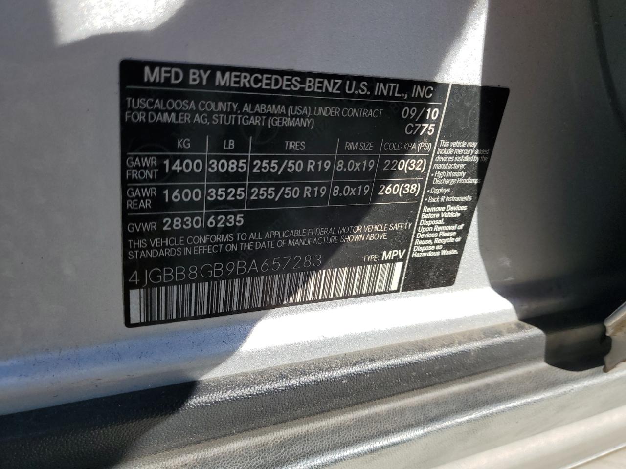 2011 Mercedes-Benz Ml 350 4Matic VIN: 4JGBB8GB9BA657283 Lot: 85183805