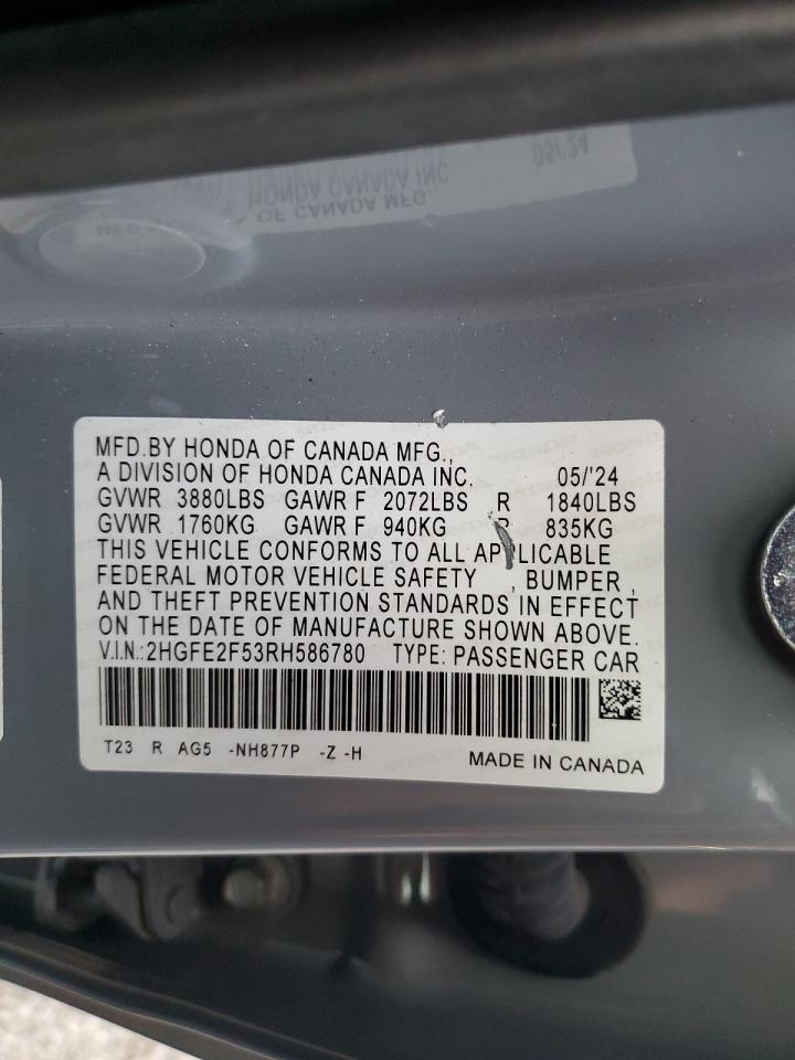 2024 Honda Civic Sport VIN: 2HGFE2F53RH586780 Lot: 85200425