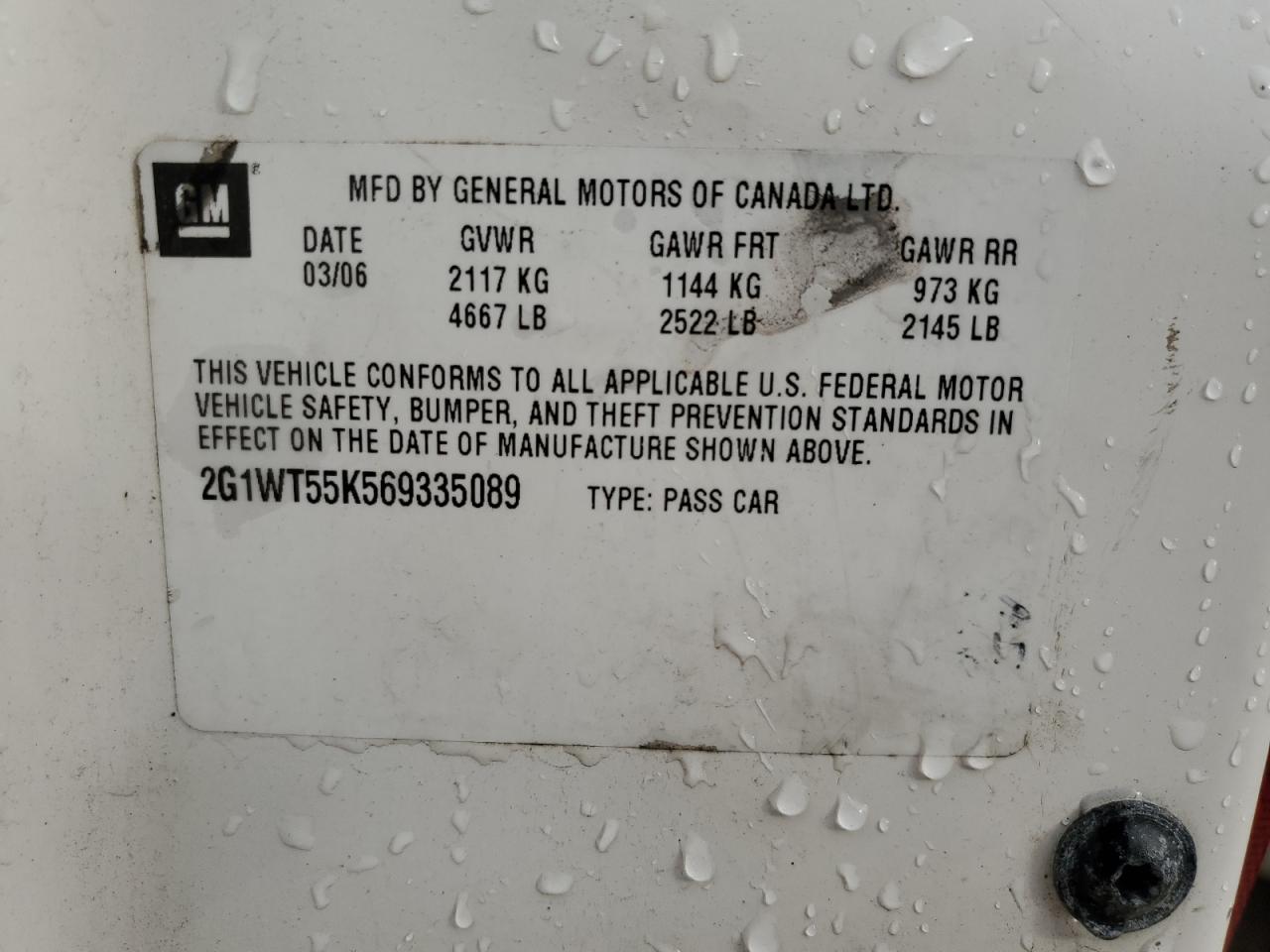 2006 Chevrolet Impala Lt VIN: 2G1WT55K569335089 Lot: 86259175