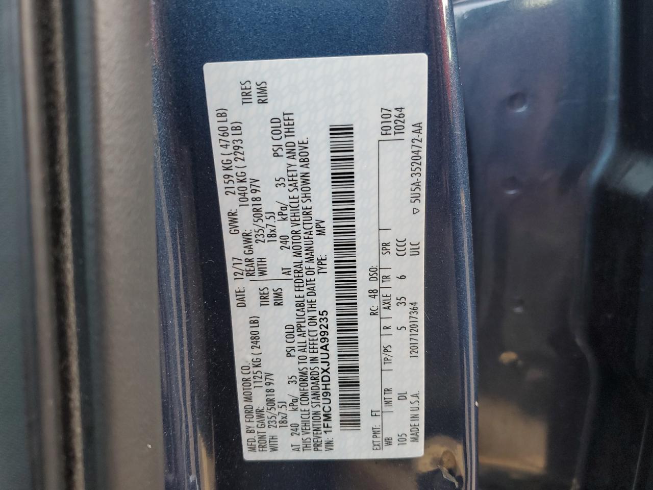 2018 Ford Escape Sel VIN: 1FMCU9HDXJUA99235 Lot: 81949065