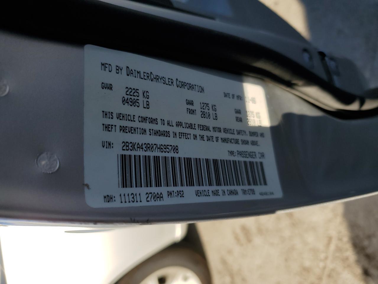 2007 Dodge Charger Se VIN: 2B3KA43R07H695708 Lot: 84950345
