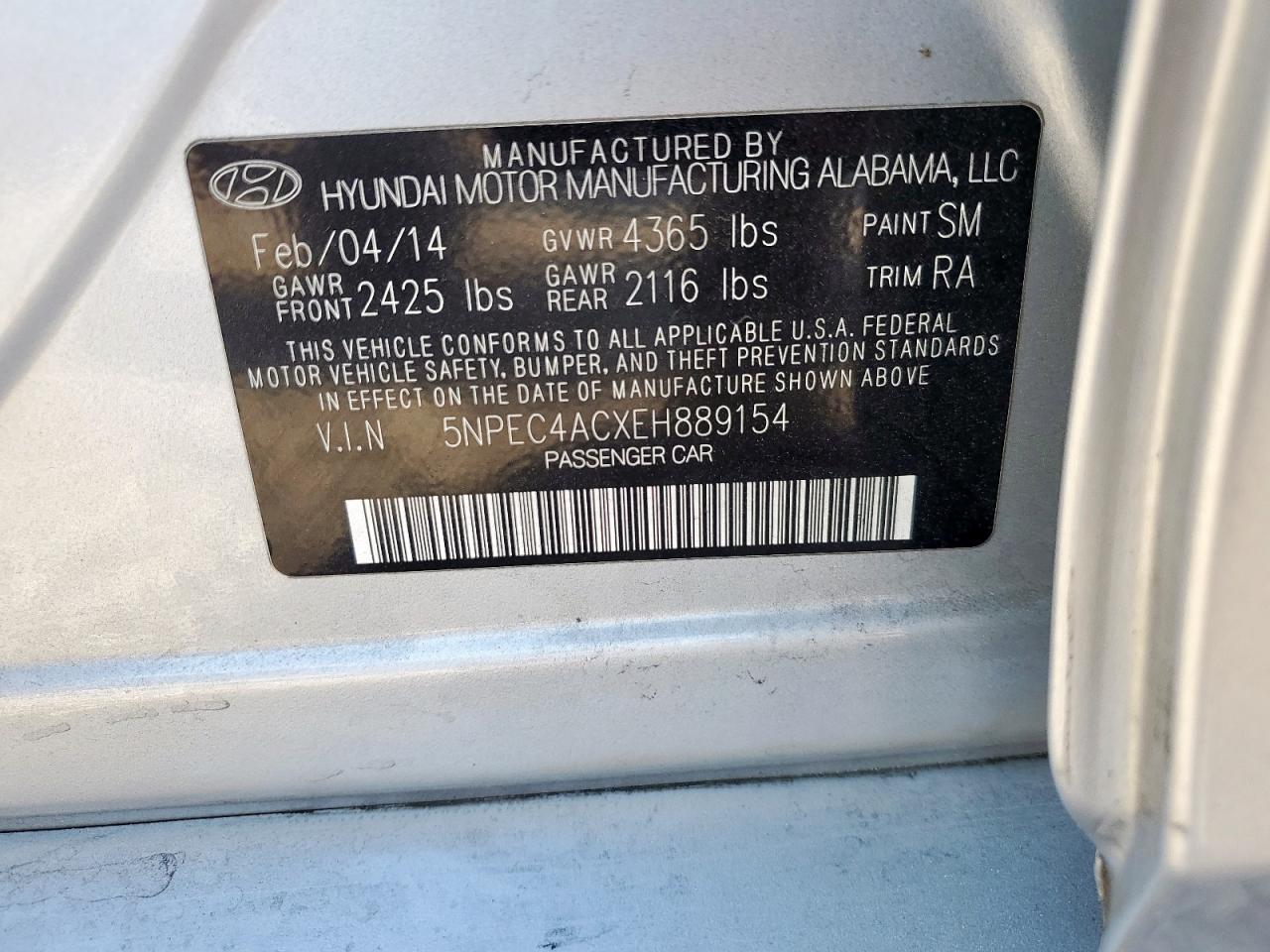 2014 Hyundai Sonata Se VIN: 5NPEC4ACXEH889154 Lot: 85861475