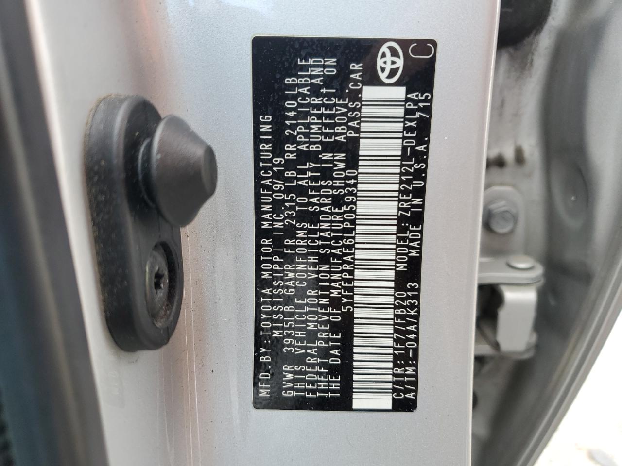 2020 Toyota Corolla Le VIN: 5YFEPRAE6LP059340 Lot: 87214485