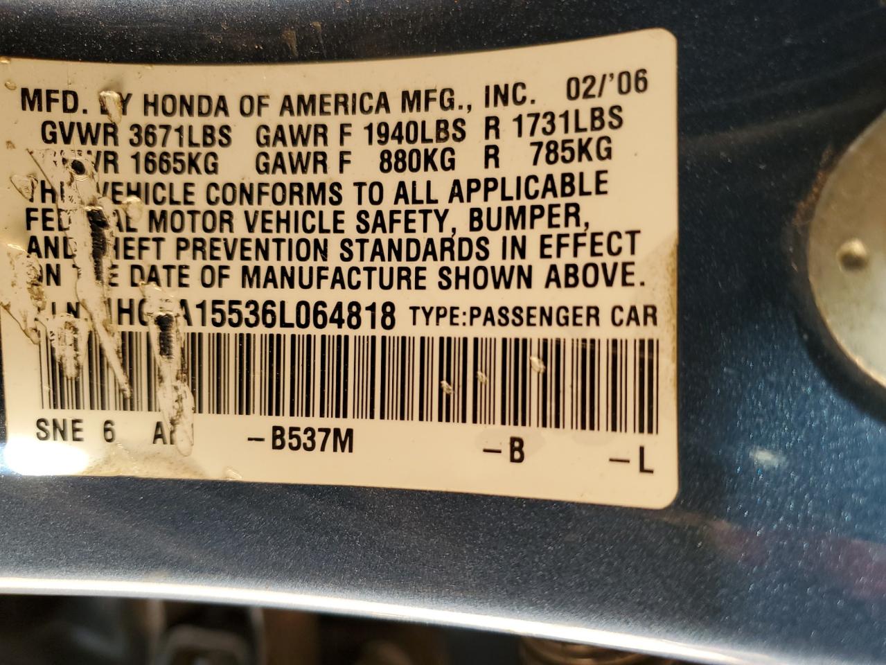 2006 Honda Civic Lx VIN: 1HGFA15536L064818 Lot: 82228575