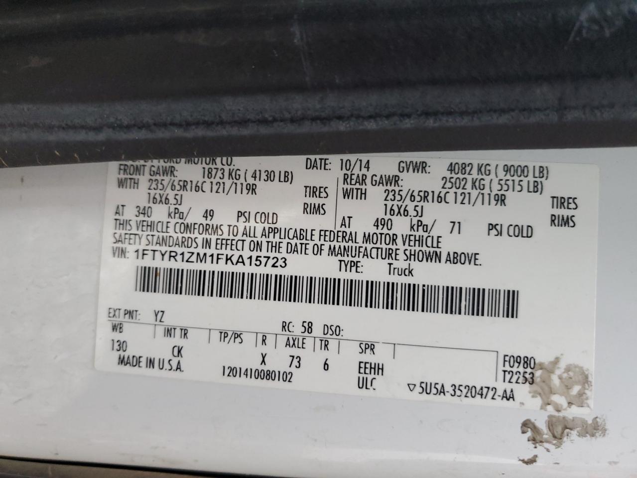 2015 Ford Transit 250 Delivery Van VIN: 1FTYR1ZM1FKA15723 Lot: 89545895