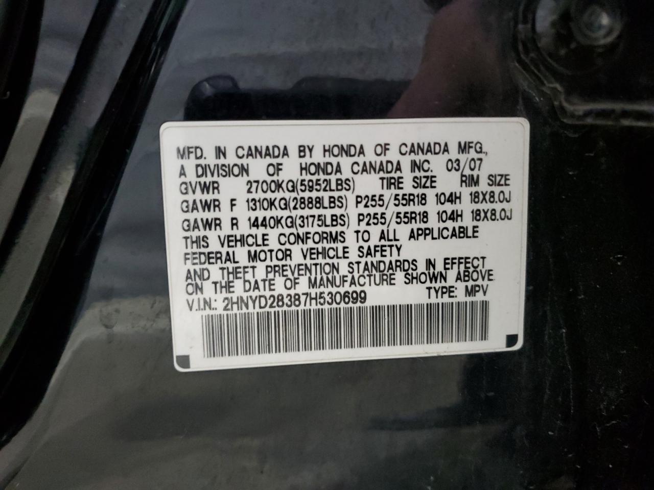 2007 Acura Mdx Technology VIN: 2HNYD28387H530699 Lot: 89864835