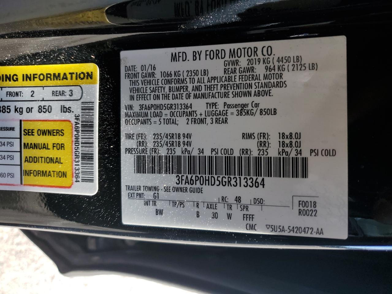 2016 Ford Fusion Se VIN: 3FA6P0HD5GR313364 Lot: 85402545