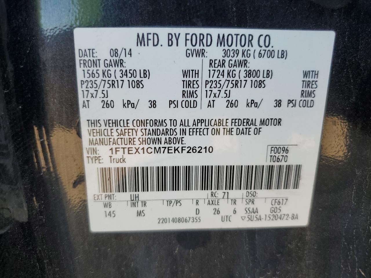 2014 Ford F150 Super Cab VIN: 1FTEX1CM7EKF26210 Lot: 91090015