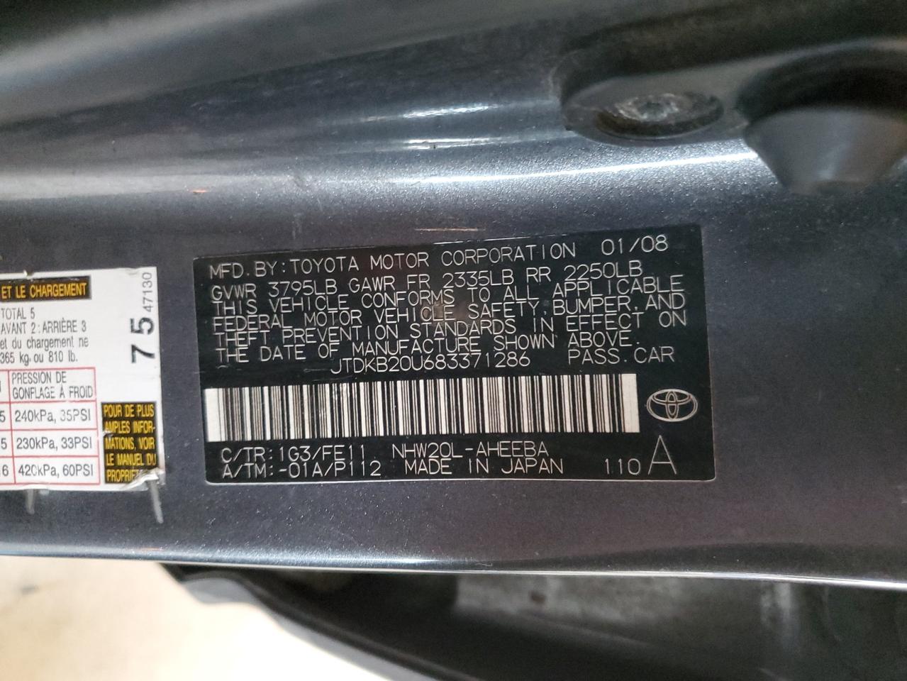 2008 Toyota Prius VIN: JTDKB20U683371286 Lot: 82267285