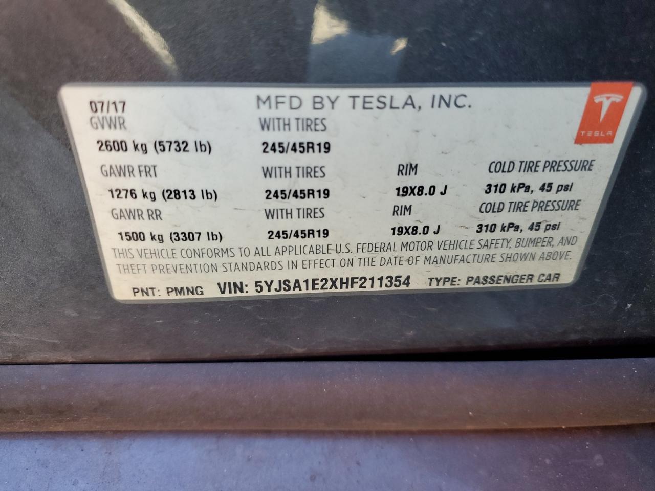 2017 Tesla Model S VIN: 5YJSA1E2XHF211354 Lot: 87066255