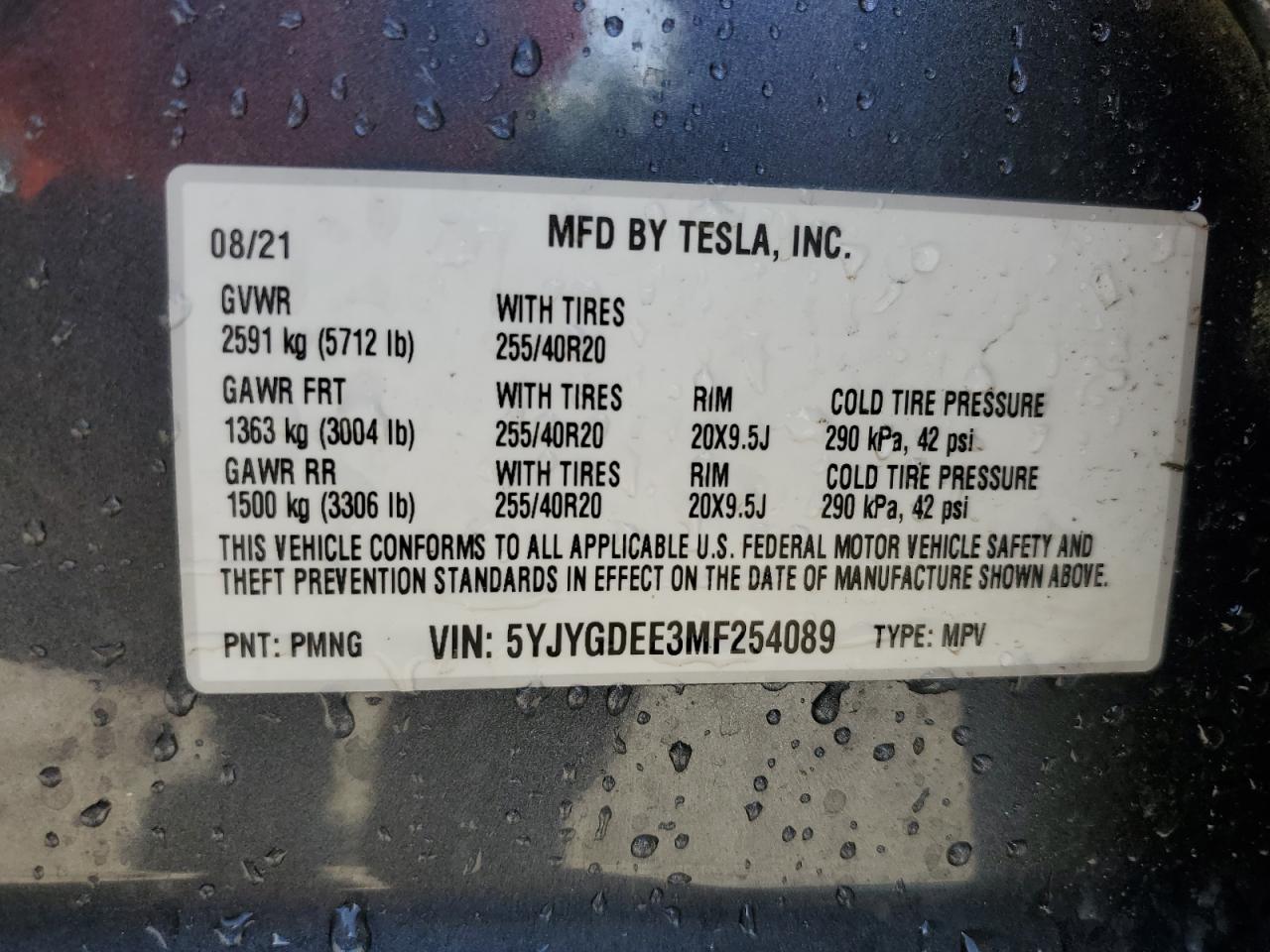 2021 Tesla Model Y VIN: 5YJYGDEE3MF254089 Lot: 85096795