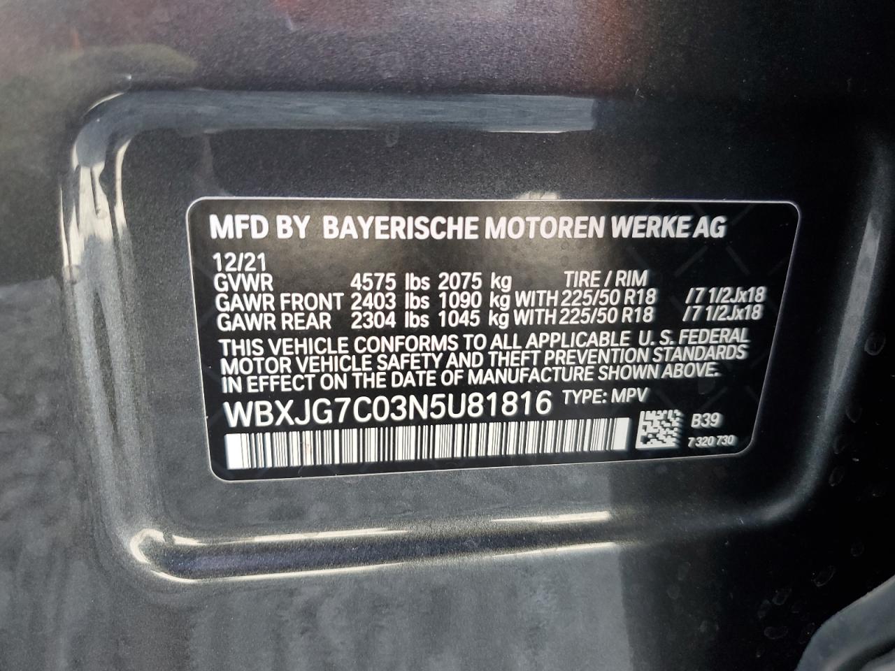 2022 BMW X1 Sdrive28I VIN: WBXJG7C03N5U81816 Lot: 85153325