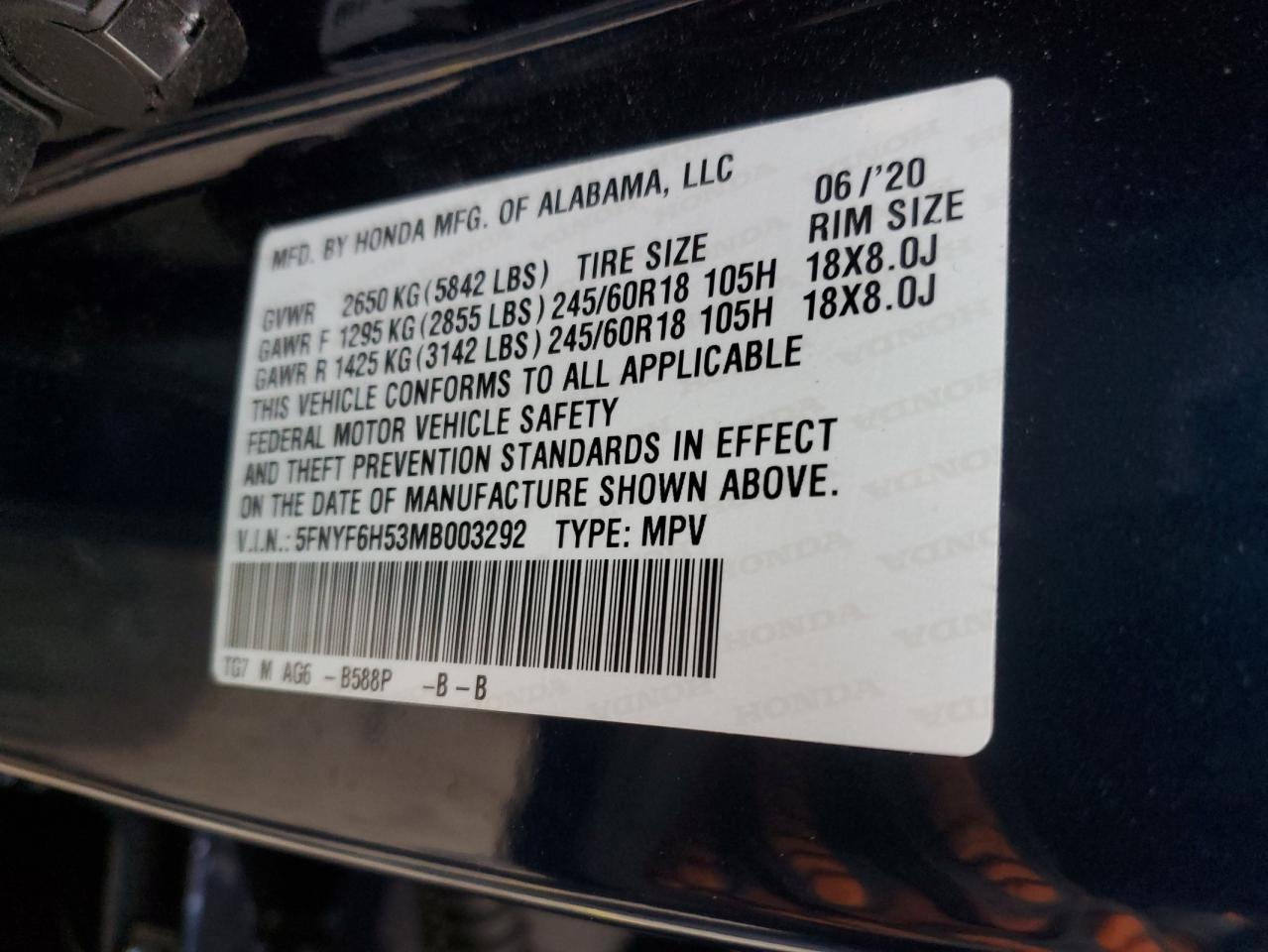 2021 Honda Pilot Exl VIN: 5FNYF6H53MB003292 Lot: 91077775