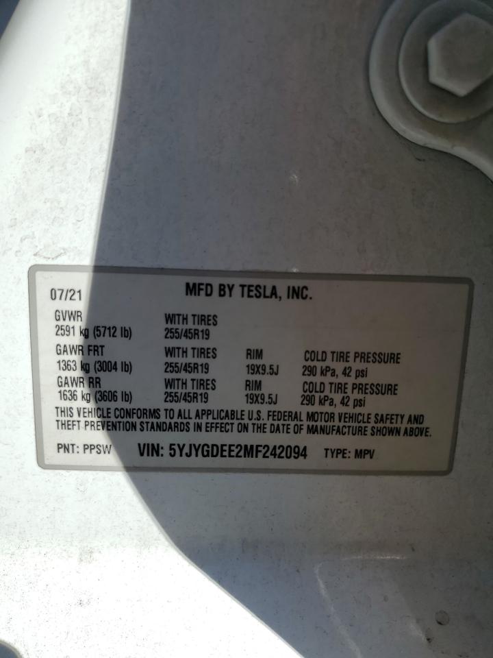2021 Tesla Model Y VIN: 5YJYGDEE2MF242094 Lot: 82235655
