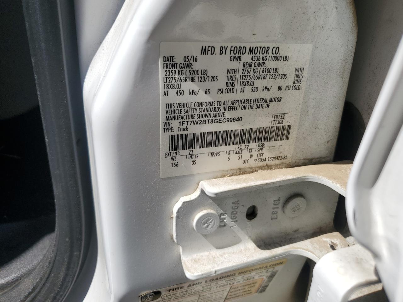 2016 Ford F250 Super Duty VIN: 1FT7W2BT8GEC99640 Lot: 84872225