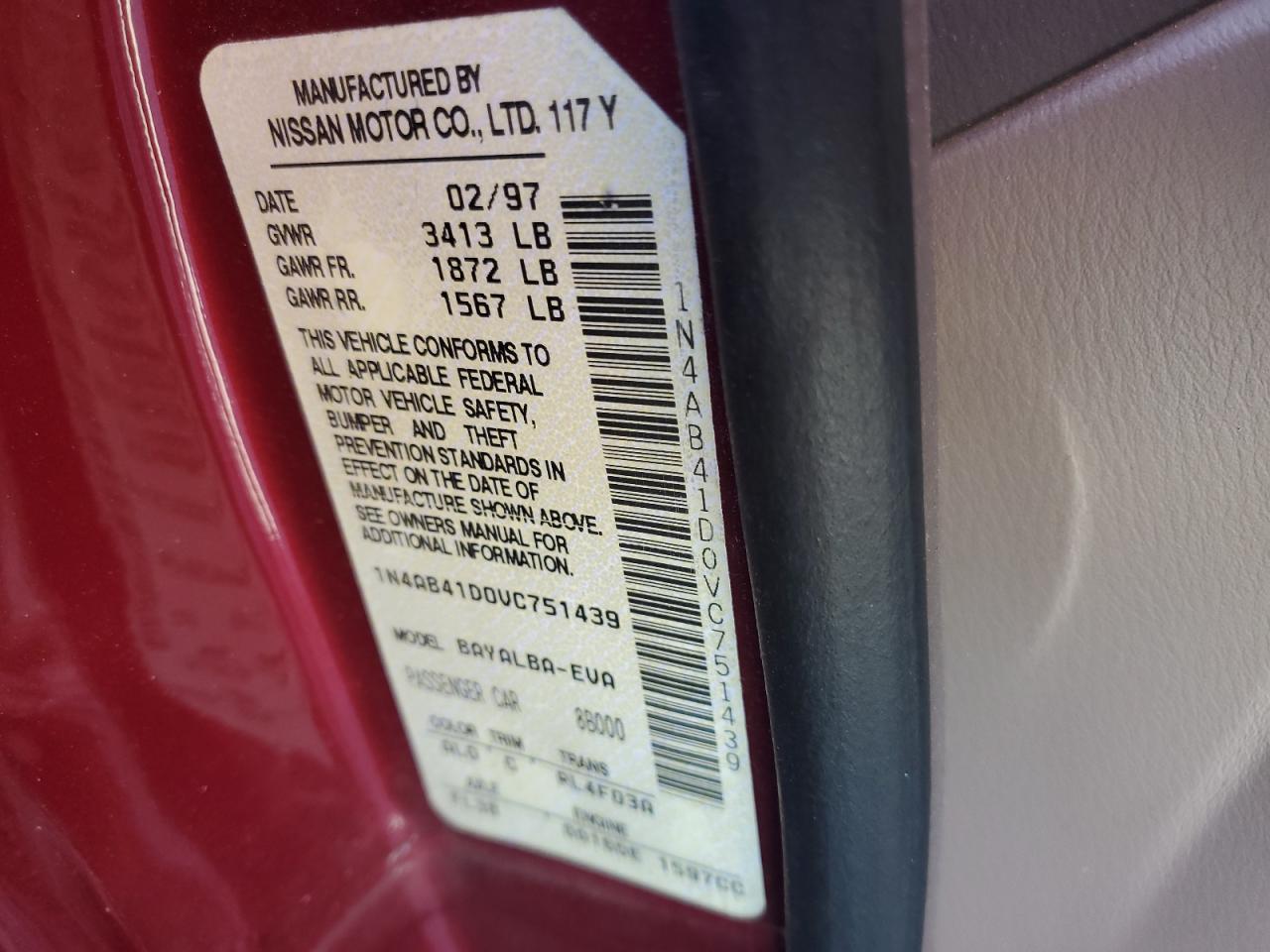 1997 Nissan Sentra Base VIN: 1N4AB41D0VC751439 Lot: 85885705