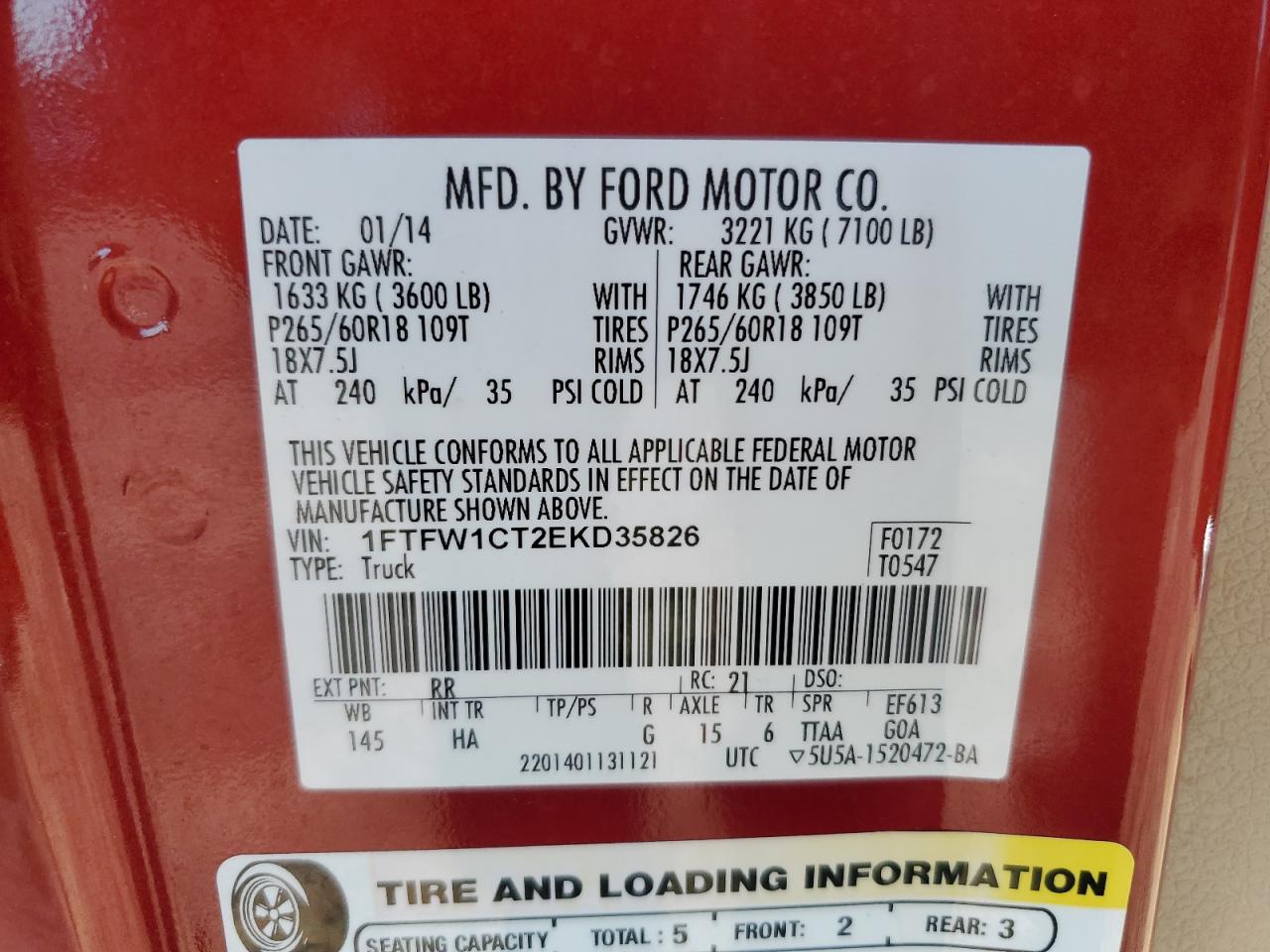 2014 Ford F150 Supercrew VIN: 1FTFW1CT2EKD35826 Lot: 86268205