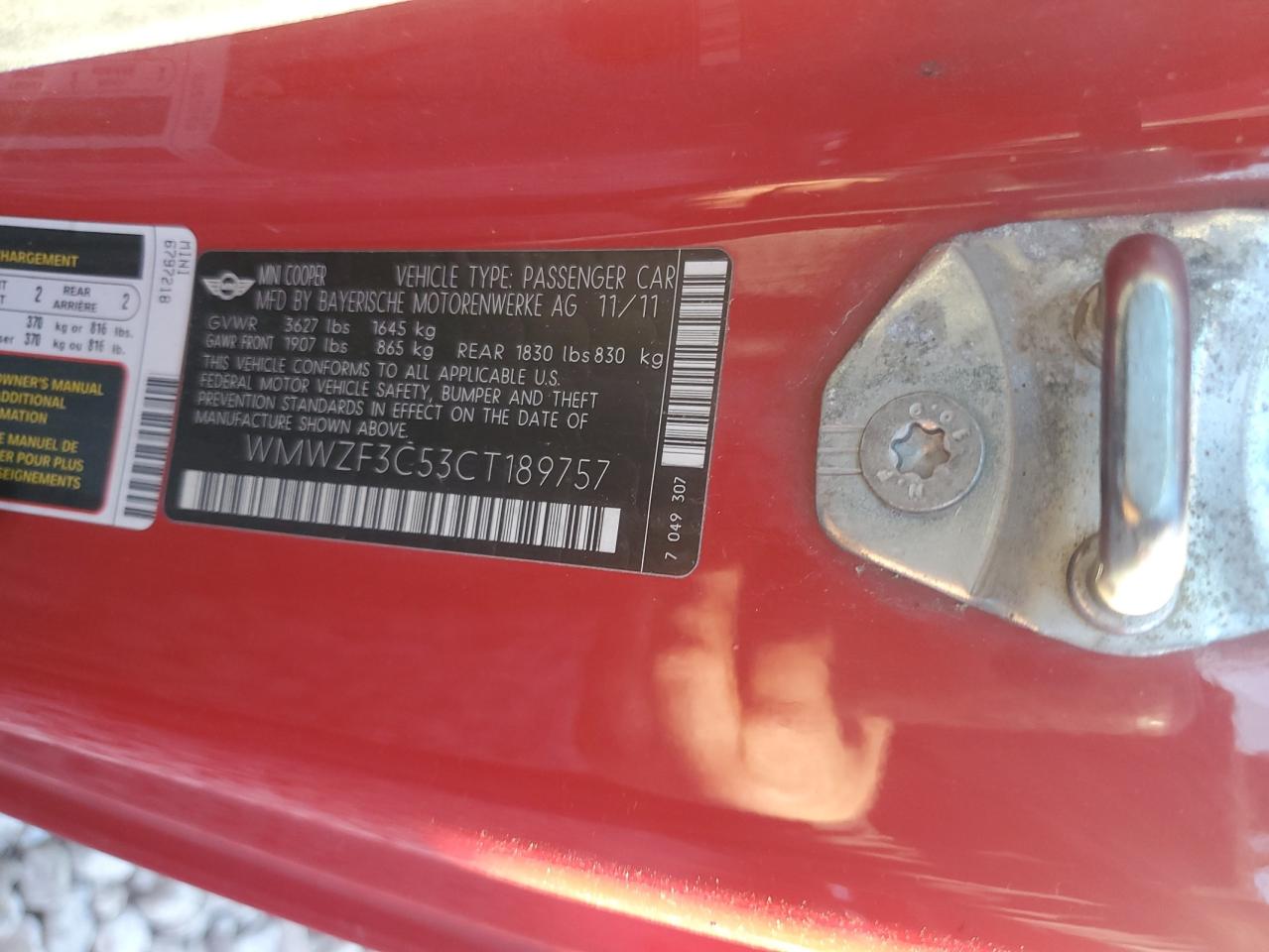 2012 Mini Cooper Clubman VIN: WMWZF3C53CT189757 Lot: 86597135