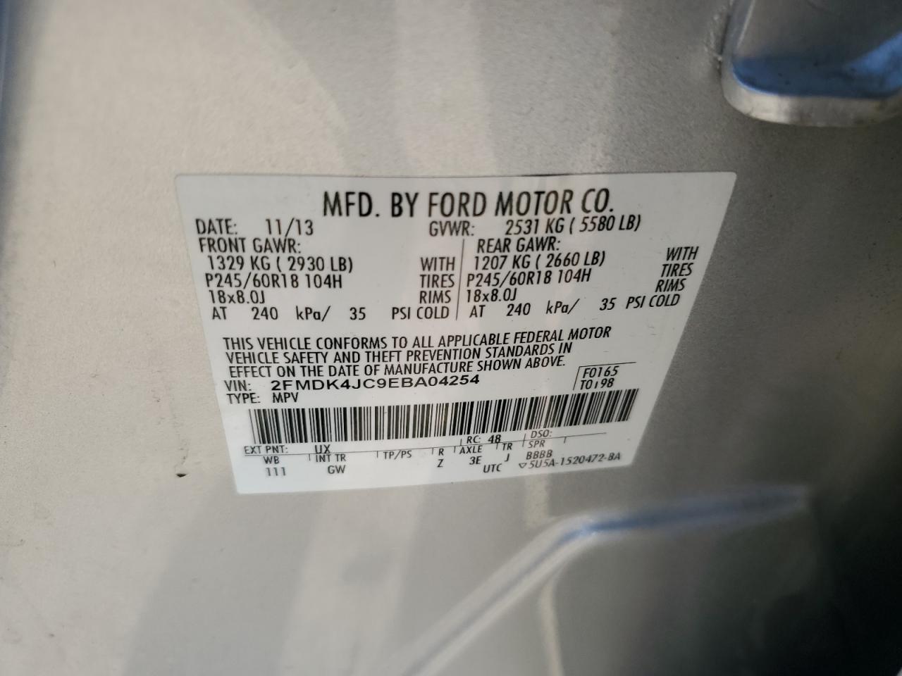 2014 Ford Edge Sel VIN: 2FMDK4JC9EBA04254 Lot: 81995555