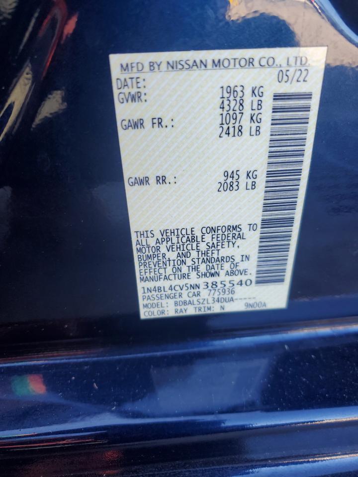 2022 Nissan Altima Sr VIN: 1N4BL4CV5NN385540 Lot: 84921355