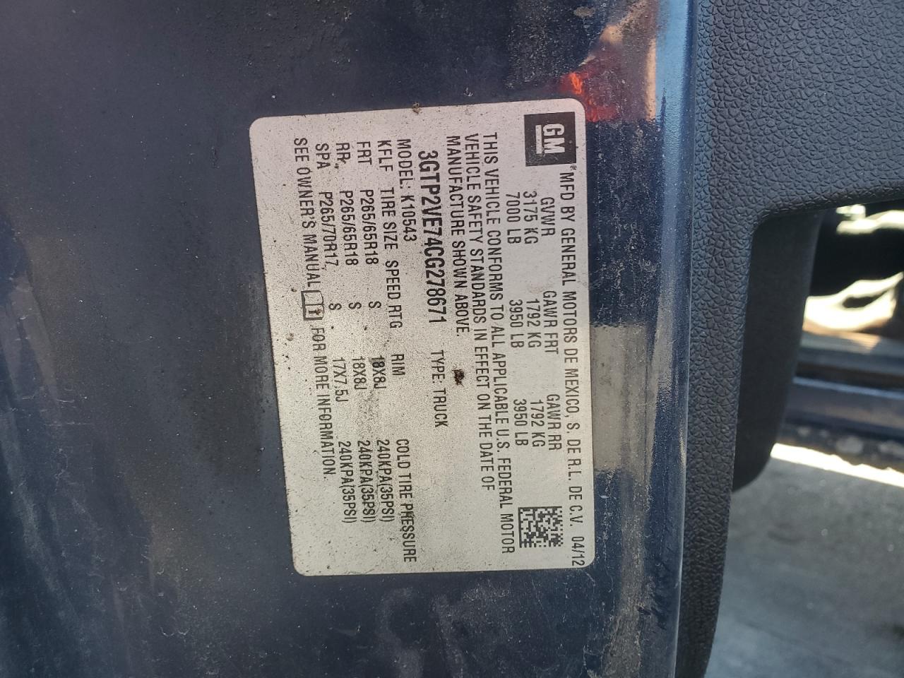 2012 GMC Sierra K1500 Sle VIN: 3GTP2VE74CG278671 Lot: 87062635