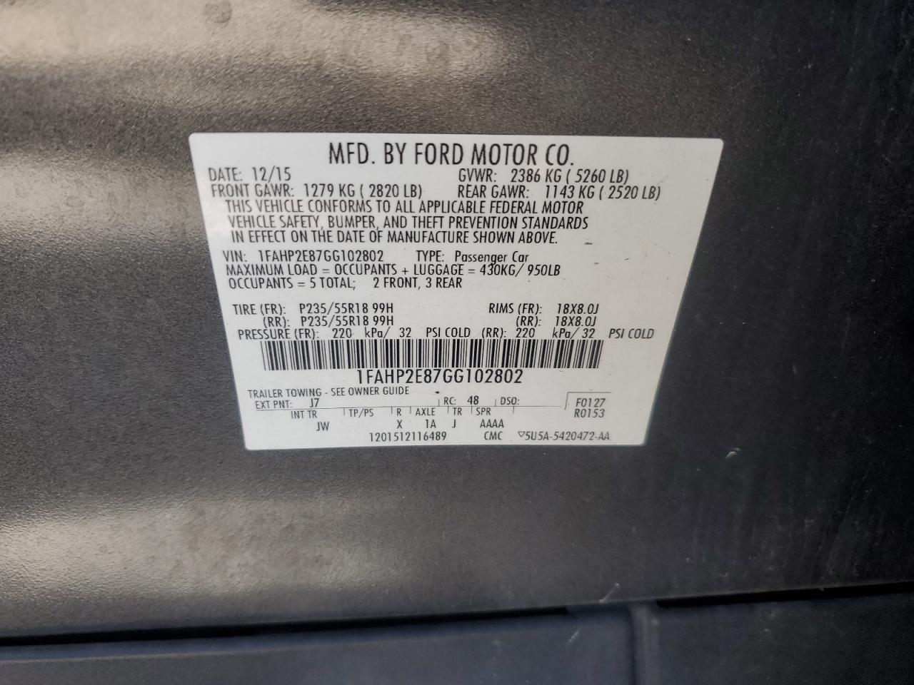 2016 Ford Taurus Sel VIN: 1FAHP2E87GG102802 Lot: 85679125