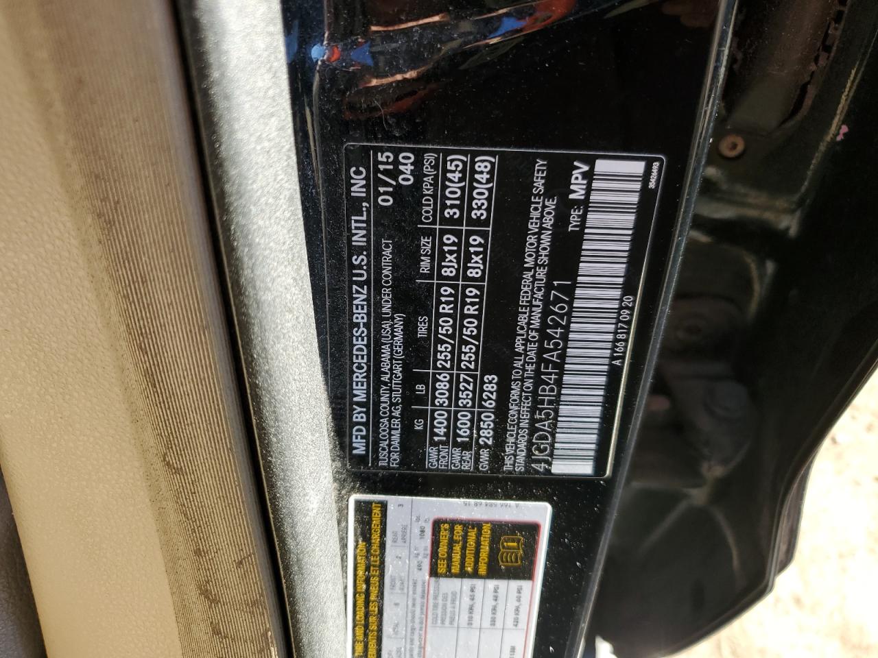 2015 Mercedes-Benz Ml 350 4Matic VIN: 4JGDA5HB4FA542671 Lot: 81895325