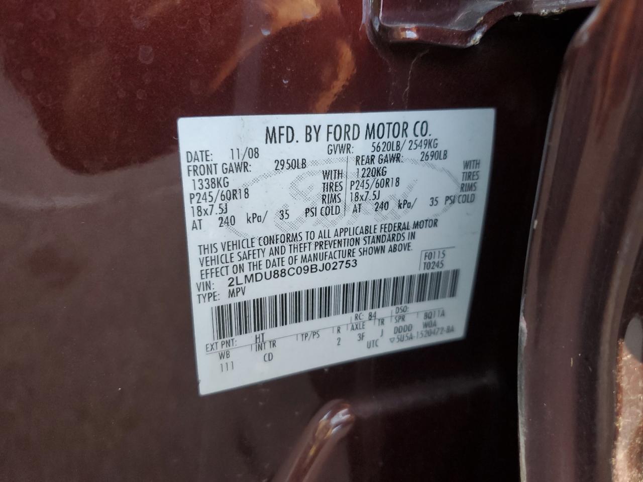 2009 Lincoln Mkx VIN: 2LMDU88C09BJ02753 Lot: 82464915