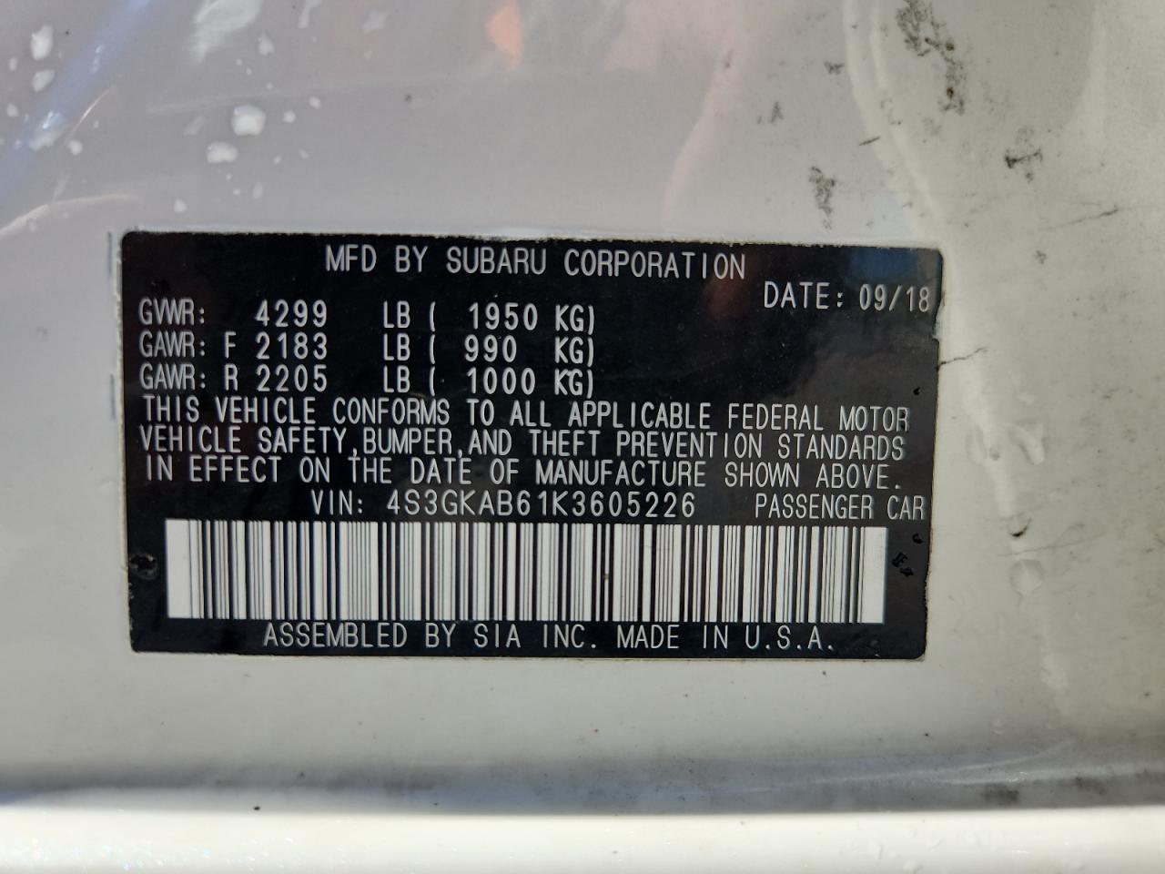 2019 Subaru Impreza VIN: 4S3GKAB61K3605226 Lot: 86081265