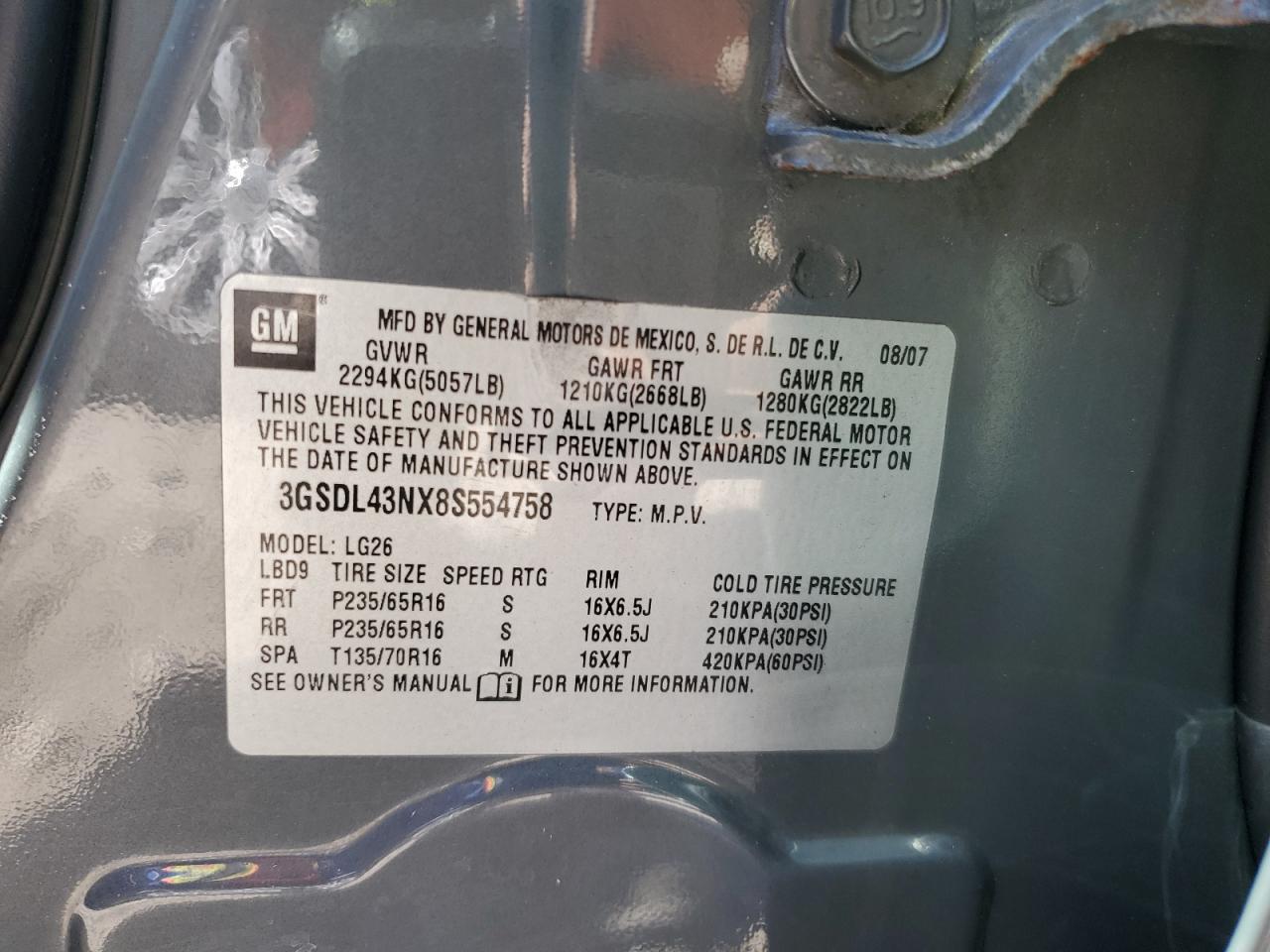 2008 Saturn Vue Xe VIN: 3GSDL43NX8S554758 Lot: 84794825