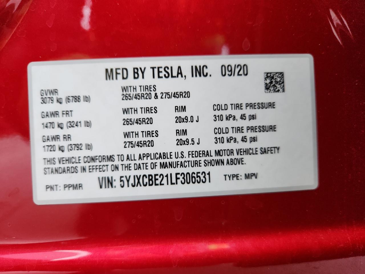 2020 Tesla Model X VIN: 5YJXCBE21LF306531 Lot: 85944765