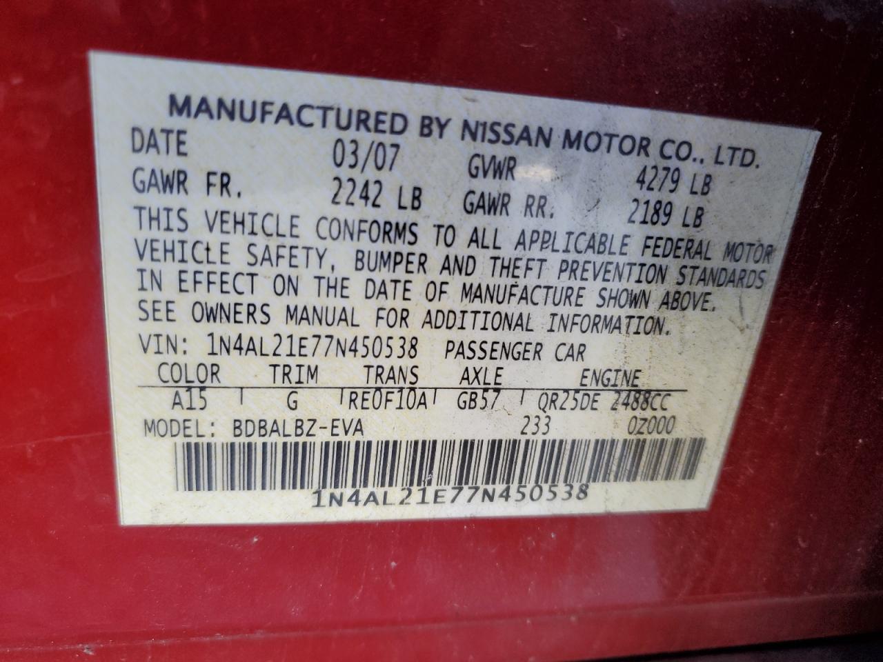 2007 Nissan Altima 2.5 VIN: 1N4AL21E77N450538 Lot: 86241895