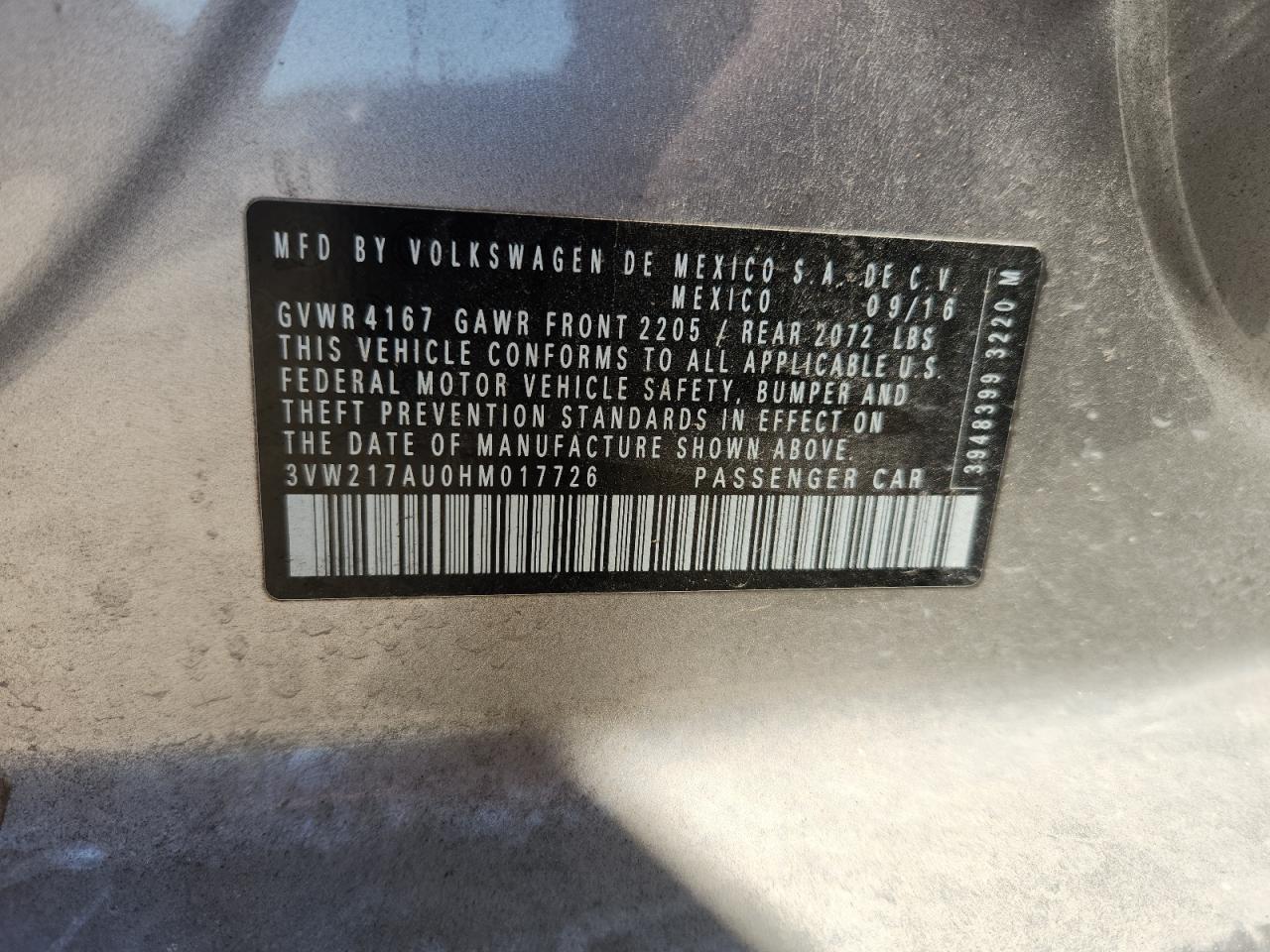 2017 Volkswagen Golf S VIN: 3VW217AU0HM017726 Lot: 87459115