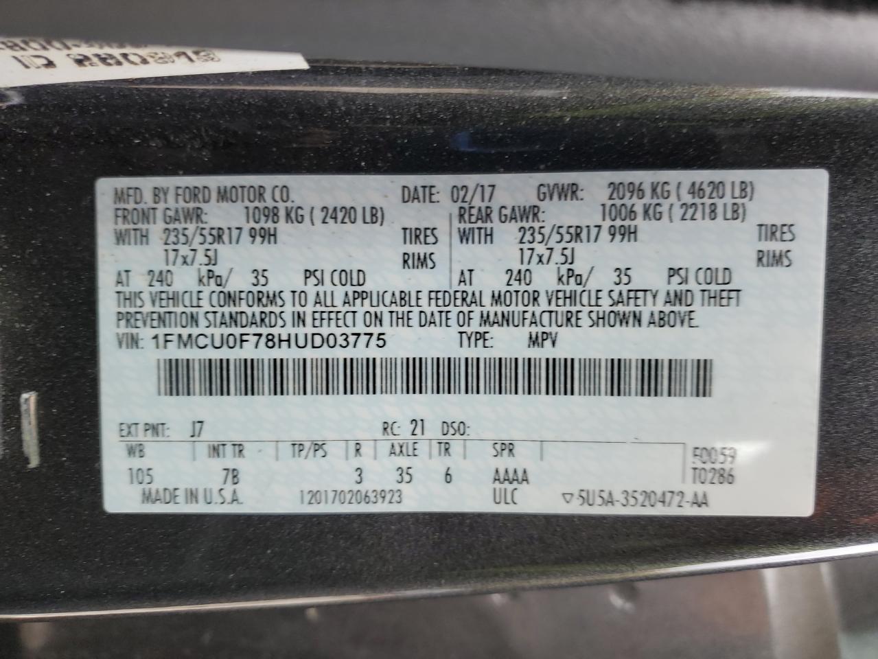 2017 Ford Escape S VIN: 1FMCU0F78HUD03775 Lot: 87467725