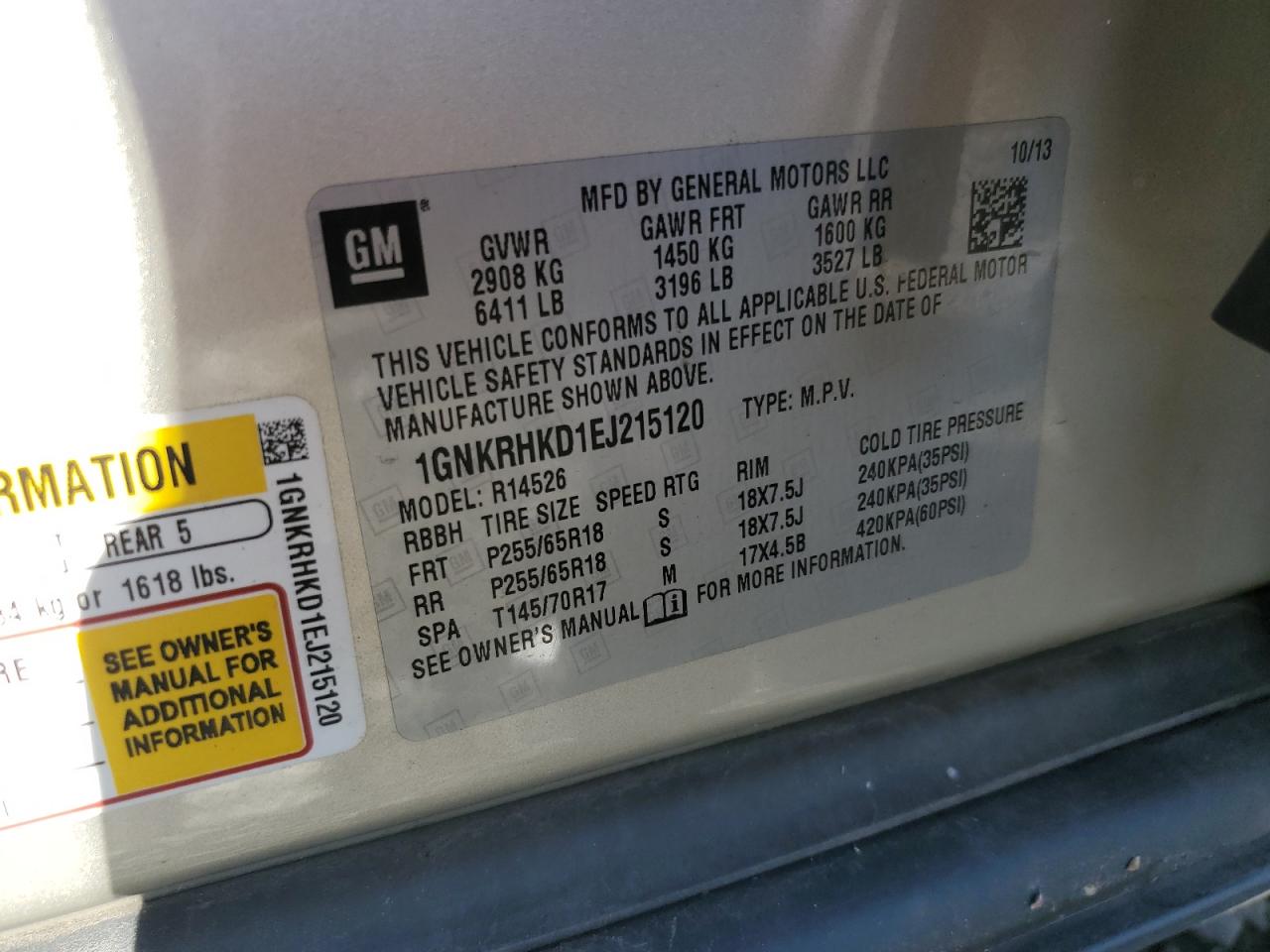 2014 Chevrolet Traverse Lt VIN: 1GNKRHKD1EJ215120 Lot: 82188455