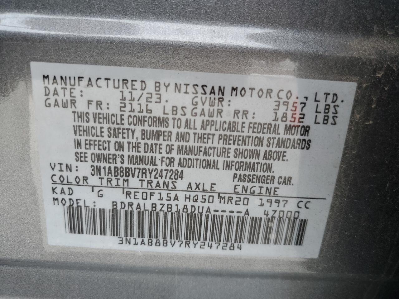 2024 Nissan Sentra S VIN: 3N1AB8BV7RY247284 Lot: 82001865