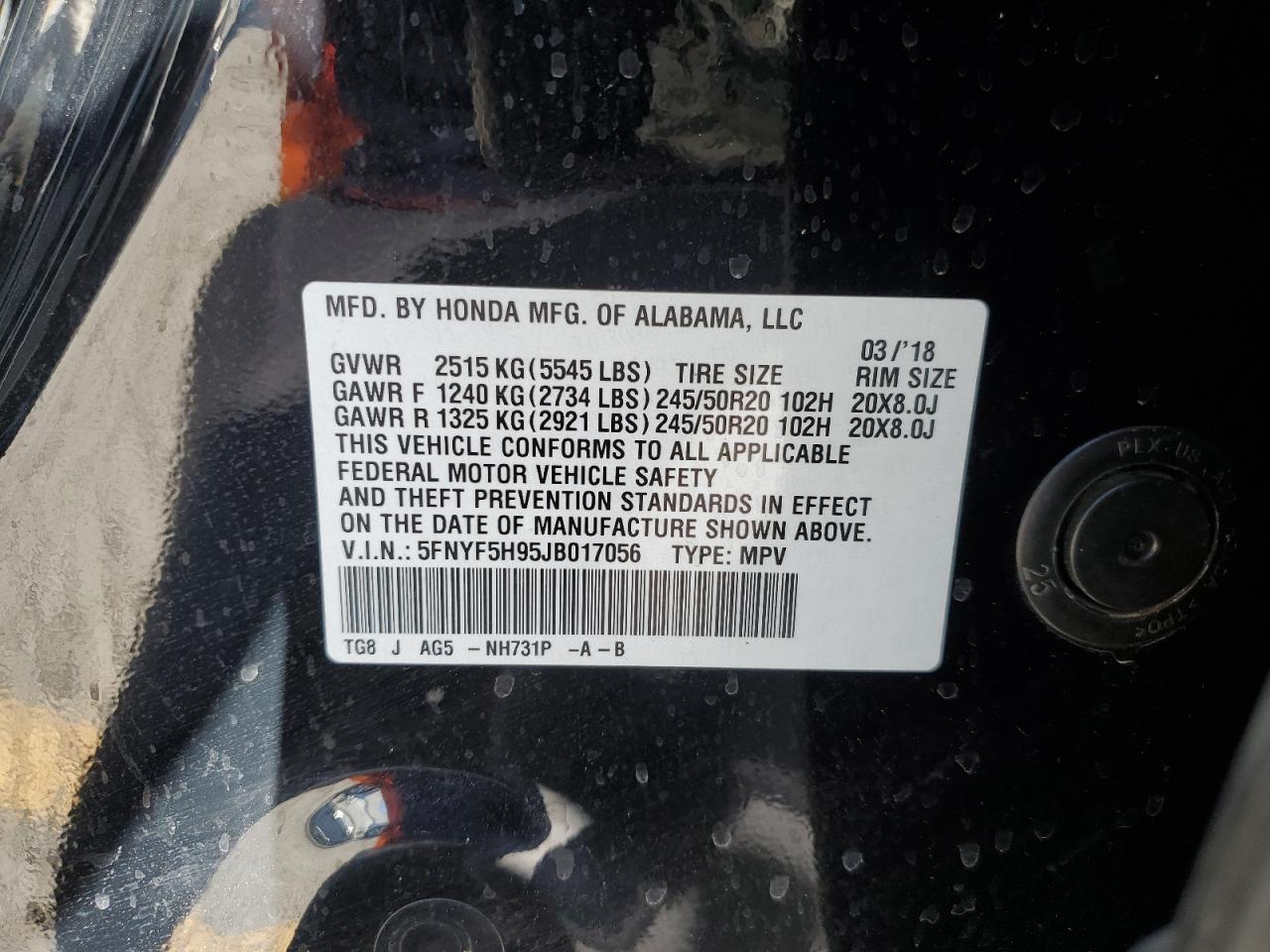 2018 Honda Pilot Touring VIN: 5FNYF5H95JB017056 Lot: 85129355