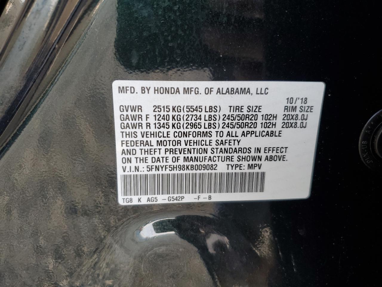 2019 Honda Pilot Touring VIN: 5FNYF5H98KB009082 Lot: 90970325