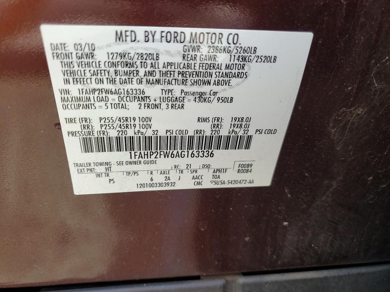 2010 Ford Taurus Limited VIN: 1FAHP2FW6AG163336 Lot: 84940245